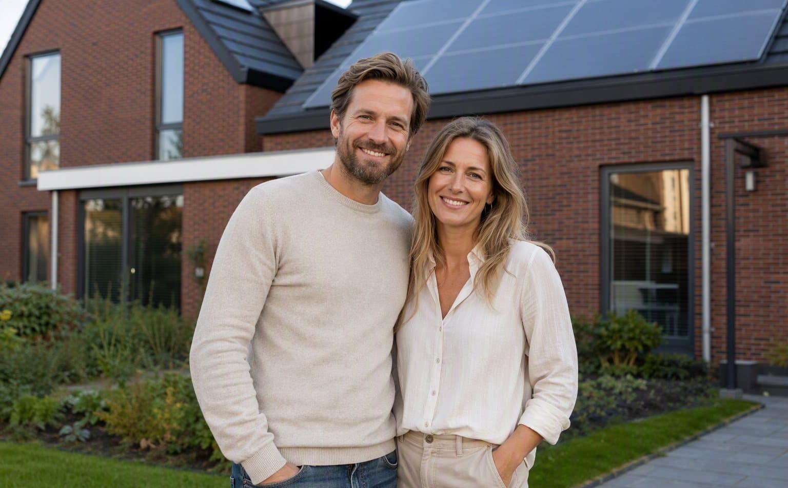 Tevreden gezin voor hun woning met zonnepanelen